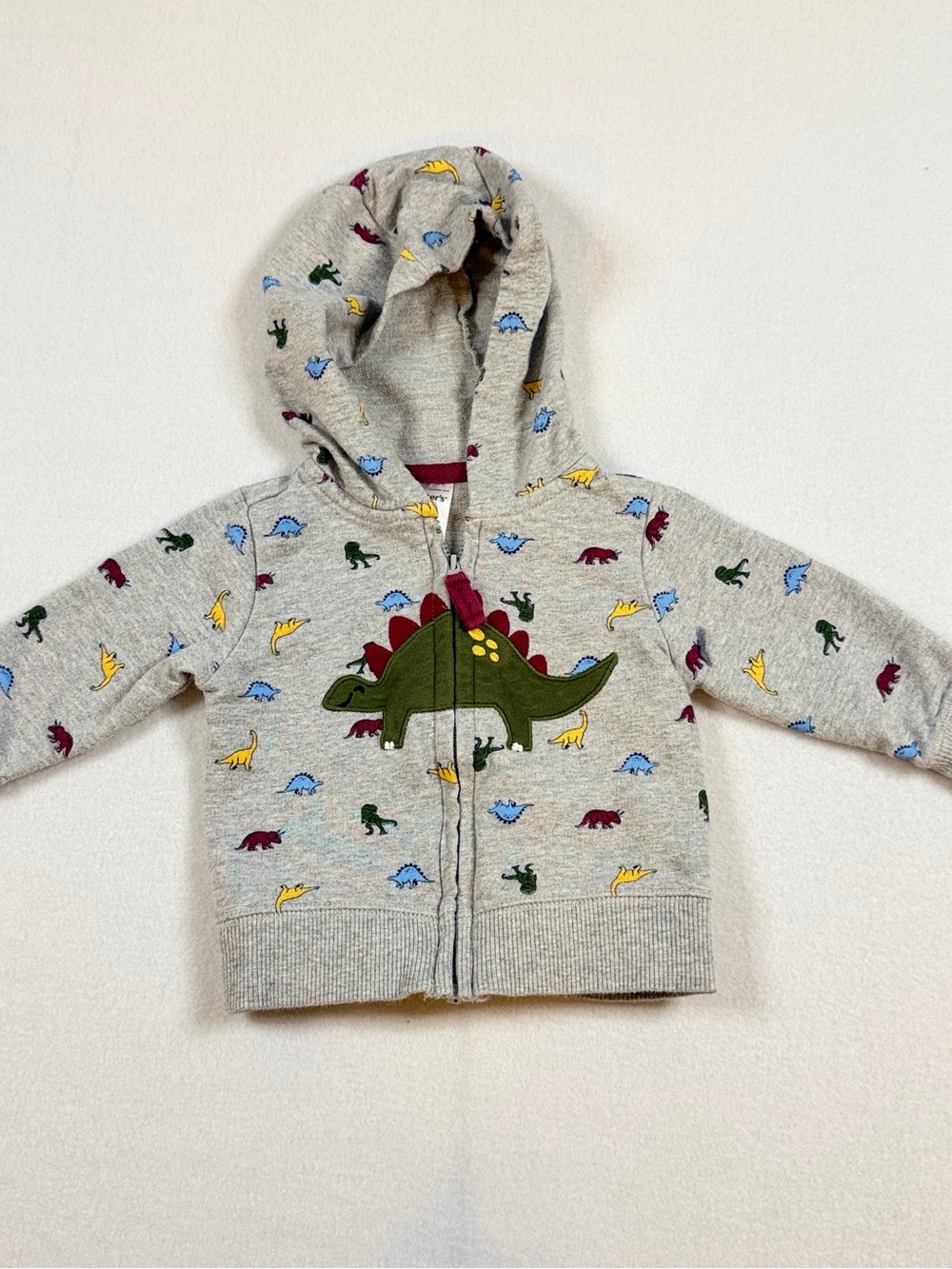 Carter's Gray Zip-Up Hoodie with Green Dinosaur Applique